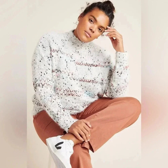 Anthropologie RAGA L Faye Mock Neck Eyelash Sweater Metallic Accent Threads - Picture 3 of 11